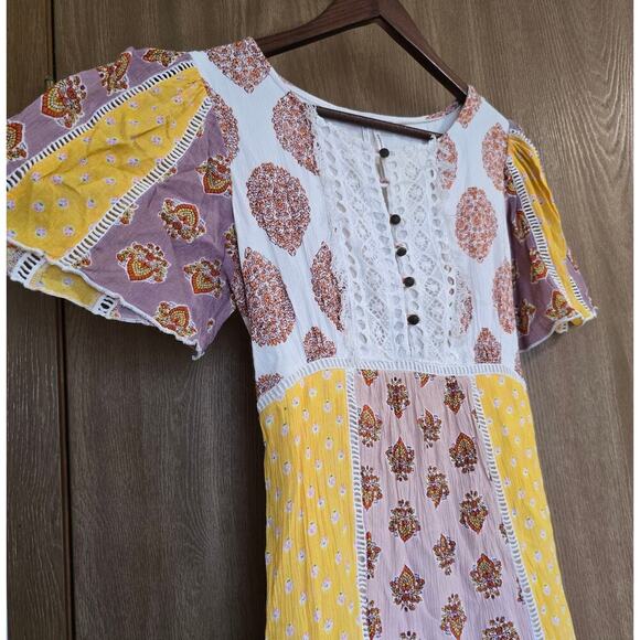 Anthropologie Melody Lace Trim Button Front Tie Back Patchwork Dress - Picture 4 of 12